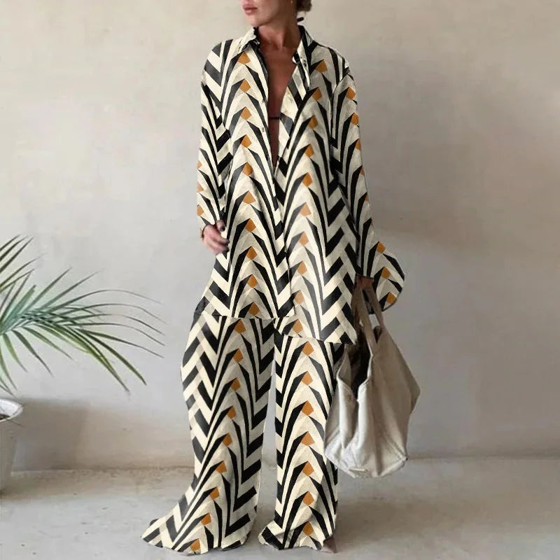 Autumn New Women's Suit Fashionable Printed Casual Long-sleeved Shirt Loose Trousers And Floor-length Trousers Two-piece Set
